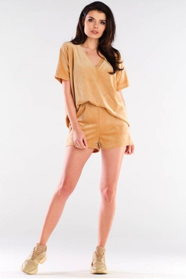 Love Lace Love Lace Women's Velour Lounge Shorts Loose Fit Comfortable in Beige - 2