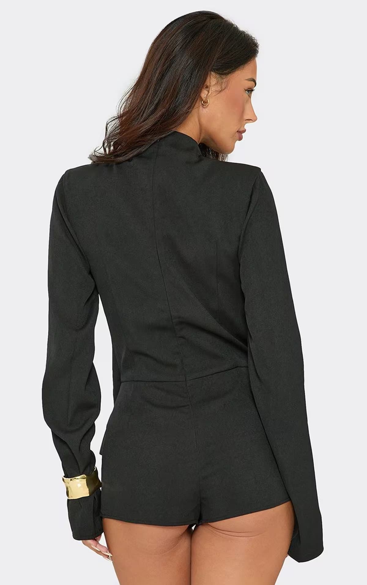 EGO Long Sleeve Hook And Eye Cut Out Tailored Playsuit In Black, Women's Size UK 6