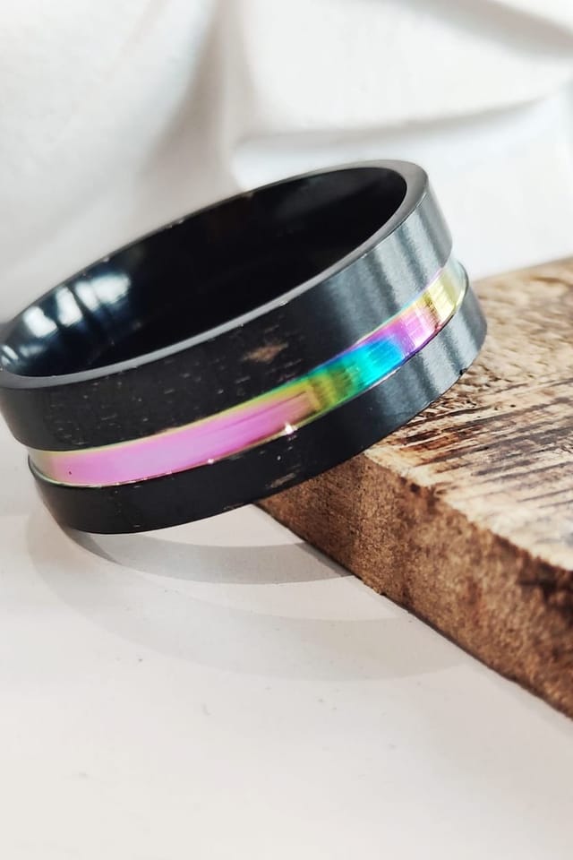 The Colourful Aura The Colourful Aura Men's 8mm Stainless Steel Unicorn Rainbow Unisex Thumb Band Ring in Black - 2