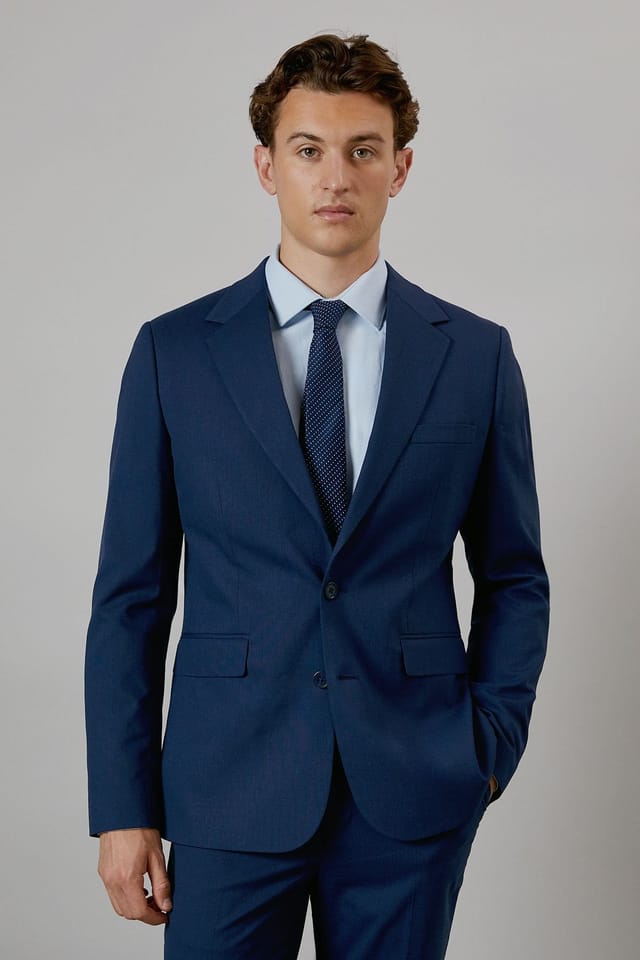 Burton Burton Men's Mid Blue Textured Stretch Slim Fit Suit Jacket - 2