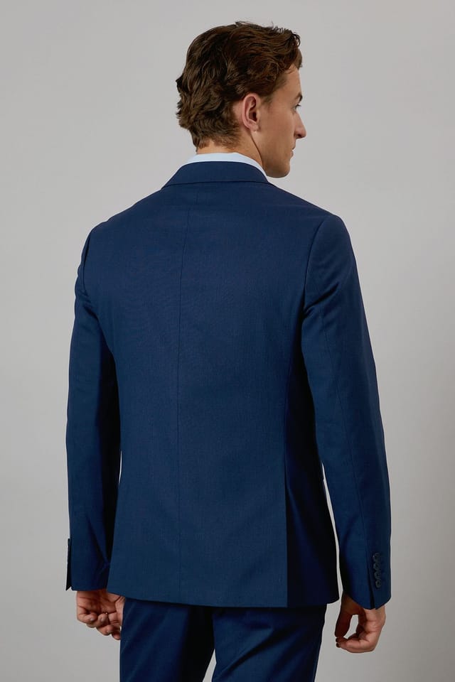 Burton Burton Men's Mid Blue Textured Stretch Slim Fit Suit Jacket - 3