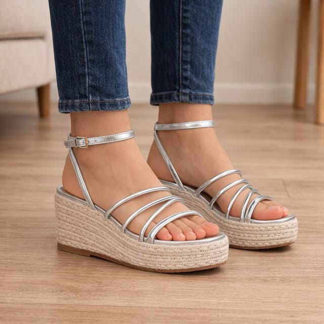 Truffle Collection Truffle Collection Women's Wedge Sandals Open Toe Buckle Strap Polyurethane Summer Shoes in Silver - 2