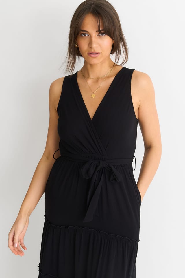 Gini London Gini London Women's Black Viscose Wrap Tiered Maxi Dress - 2