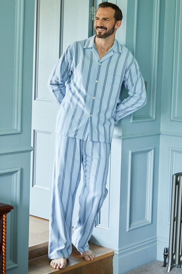 British Boxers British Boxers Men's "Brighton Blue" Stripe Brushed Cotton Pyjama Set in Light Blue - 2