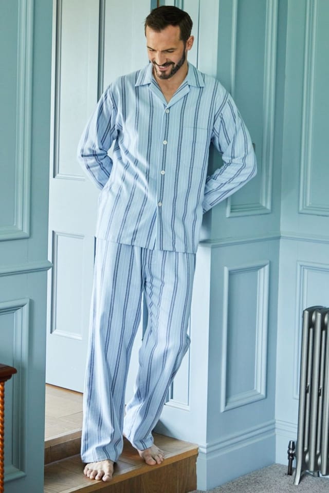 British Boxers British Boxers Men's "Brighton Blue" Stripe Brushed Cotton Pyjama Set in Light Blue - 3