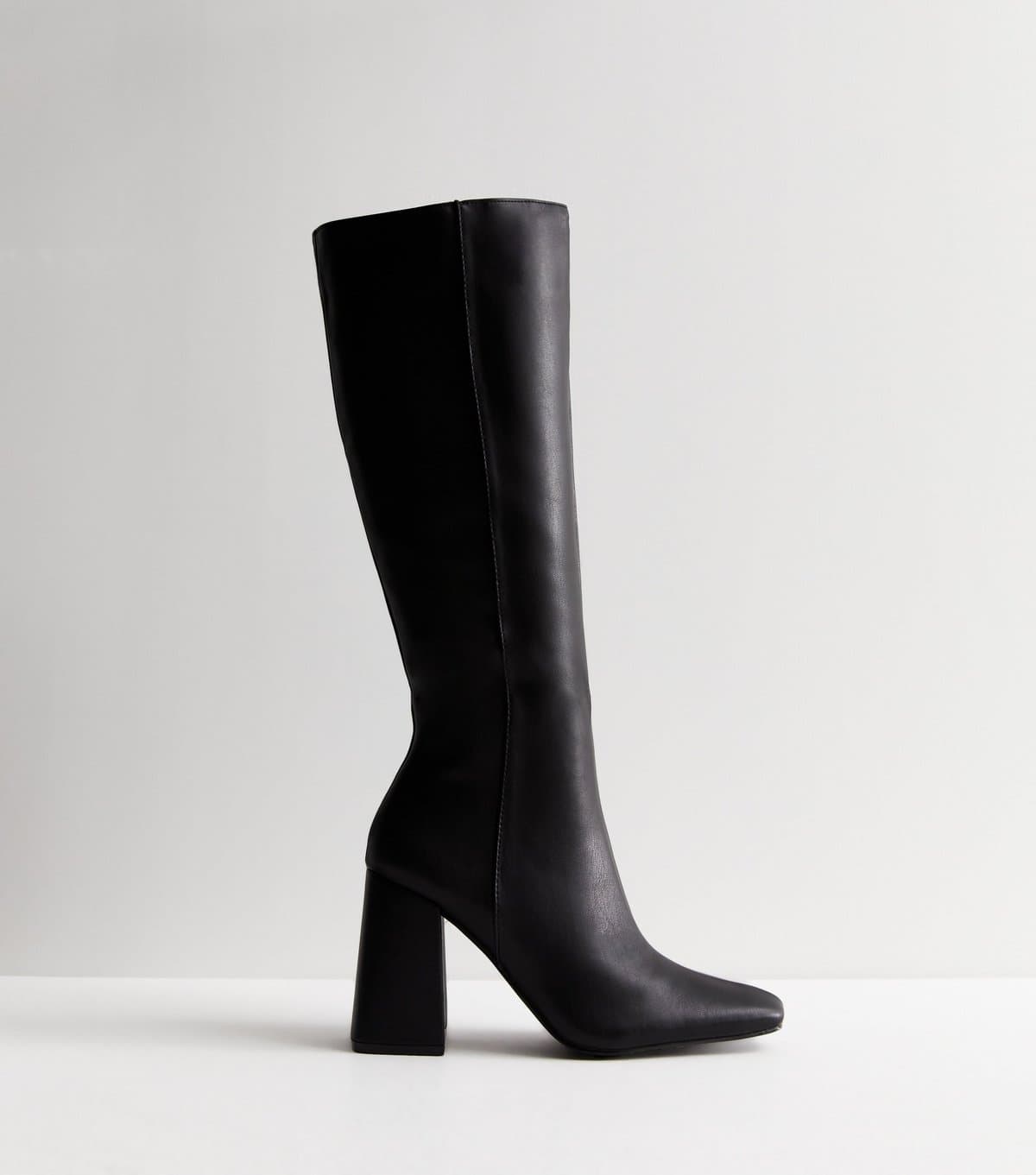 Public Desire Women's Apology Black Faux Leather Block Heel Knee High Boots Public Desire New Look