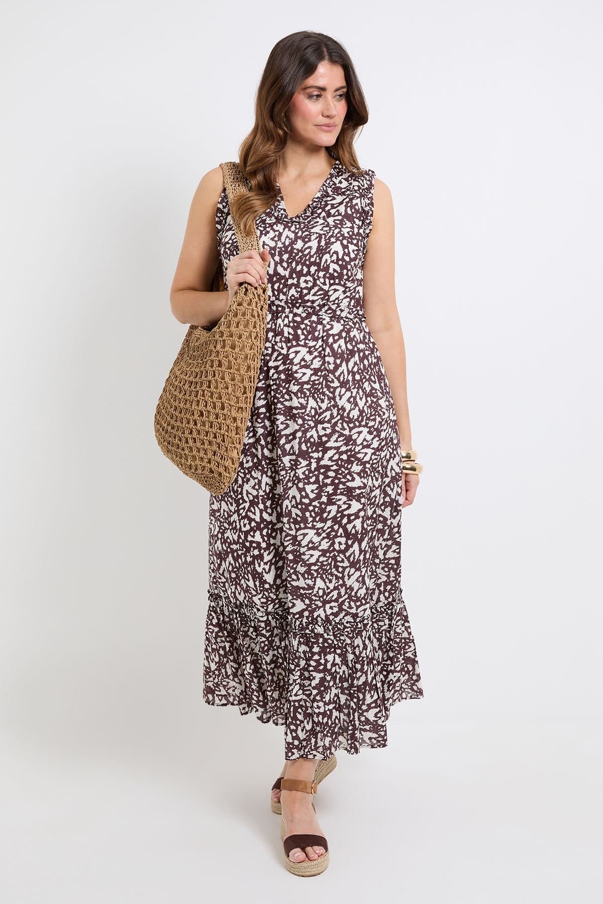 Wallis Wallis Women's Summer Abstract Cotton Dobby Maxi Dress in Brown