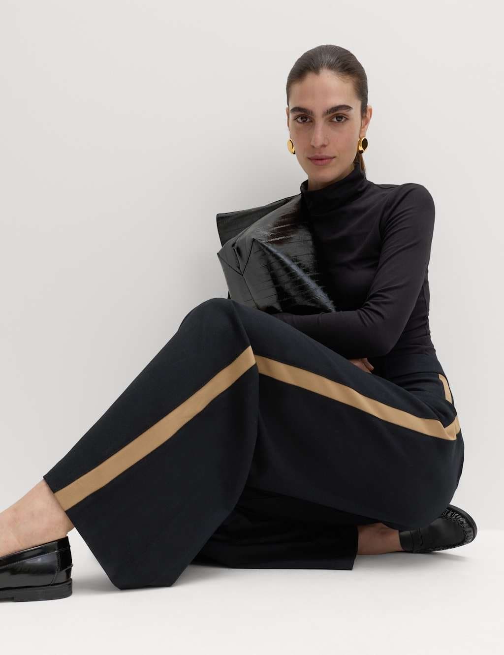 Marks & Spencer M&S Side Stripe Wide Leg Trousers Black Mix