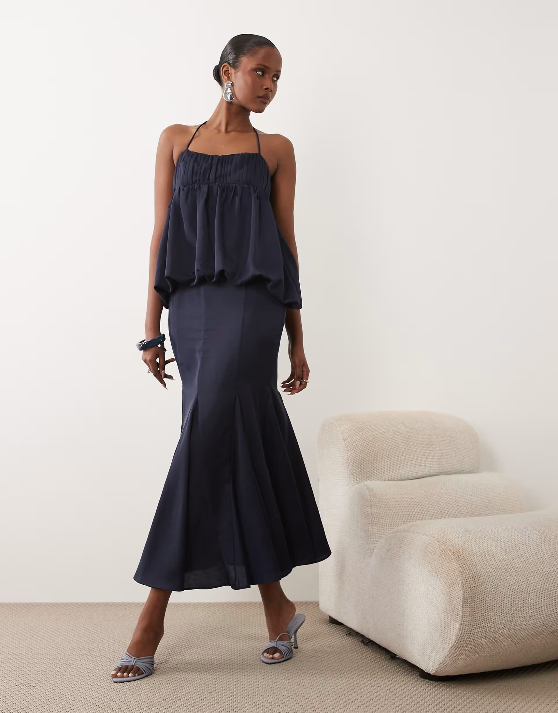 ASOS ASOS DESIGN satin bubble godet dress with tassel tie in navy