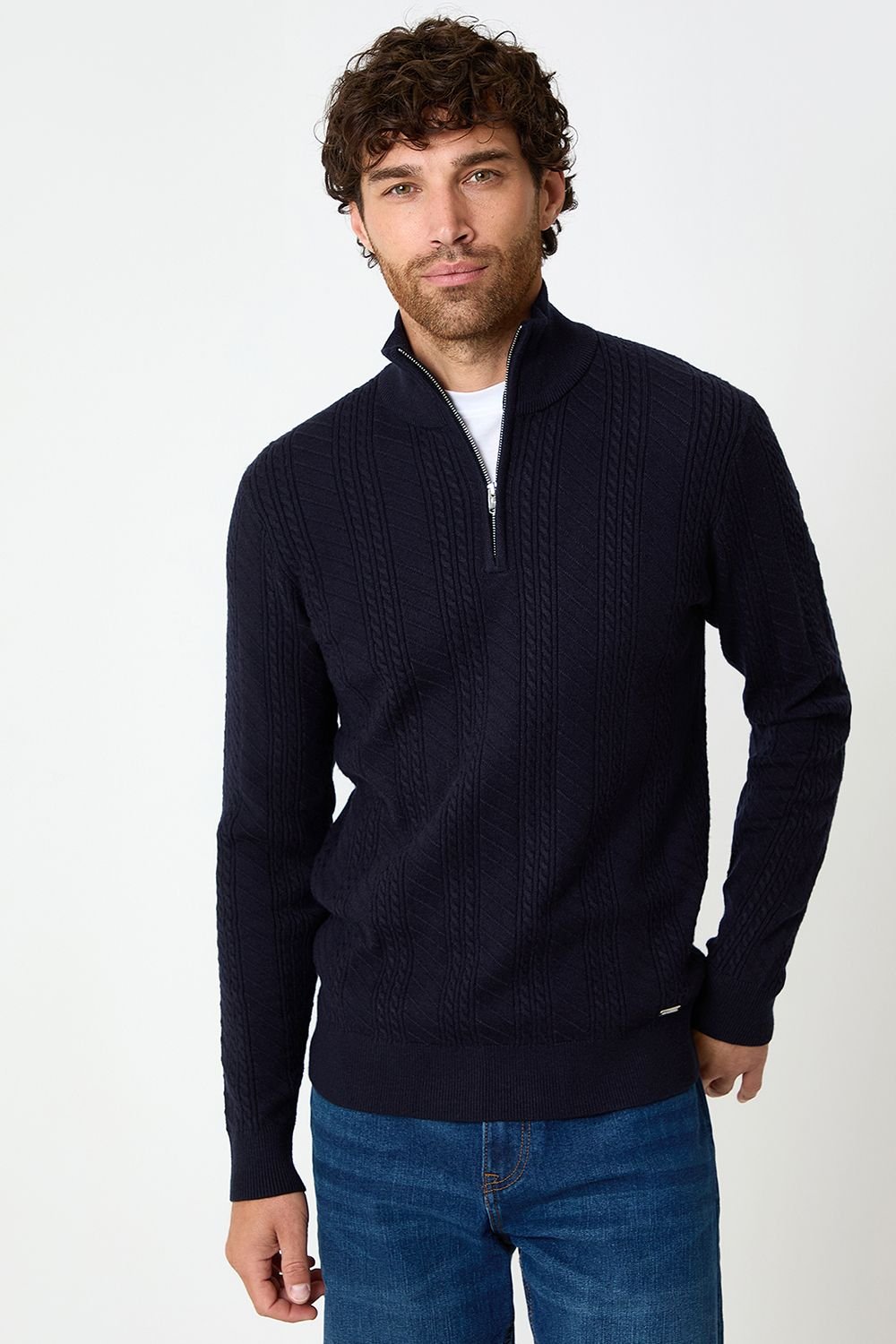 Threadbare Threadbare Men's Cable Knit Quarter Zip Jumper in Navy - 2