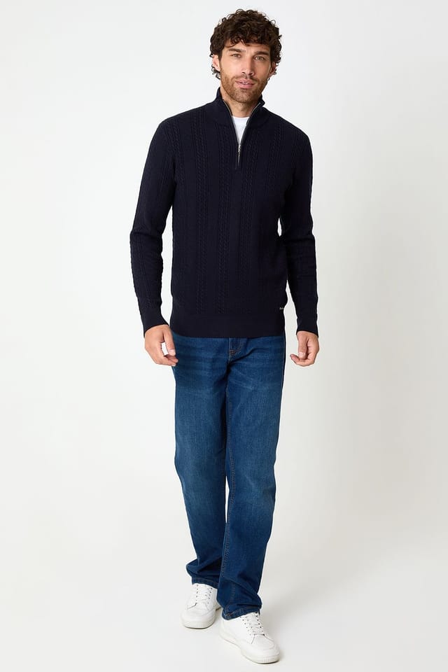 Threadbare Threadbare Men's Cable Knit Quarter Zip Jumper in Navy - 3