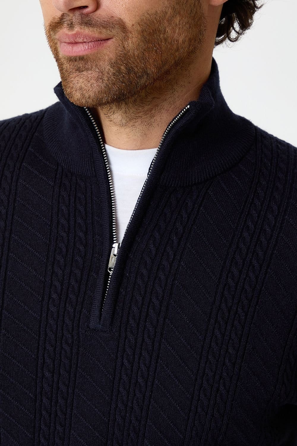 Threadbare Threadbare Men's Cable Knit Quarter Zip Jumper in Navy - 4
