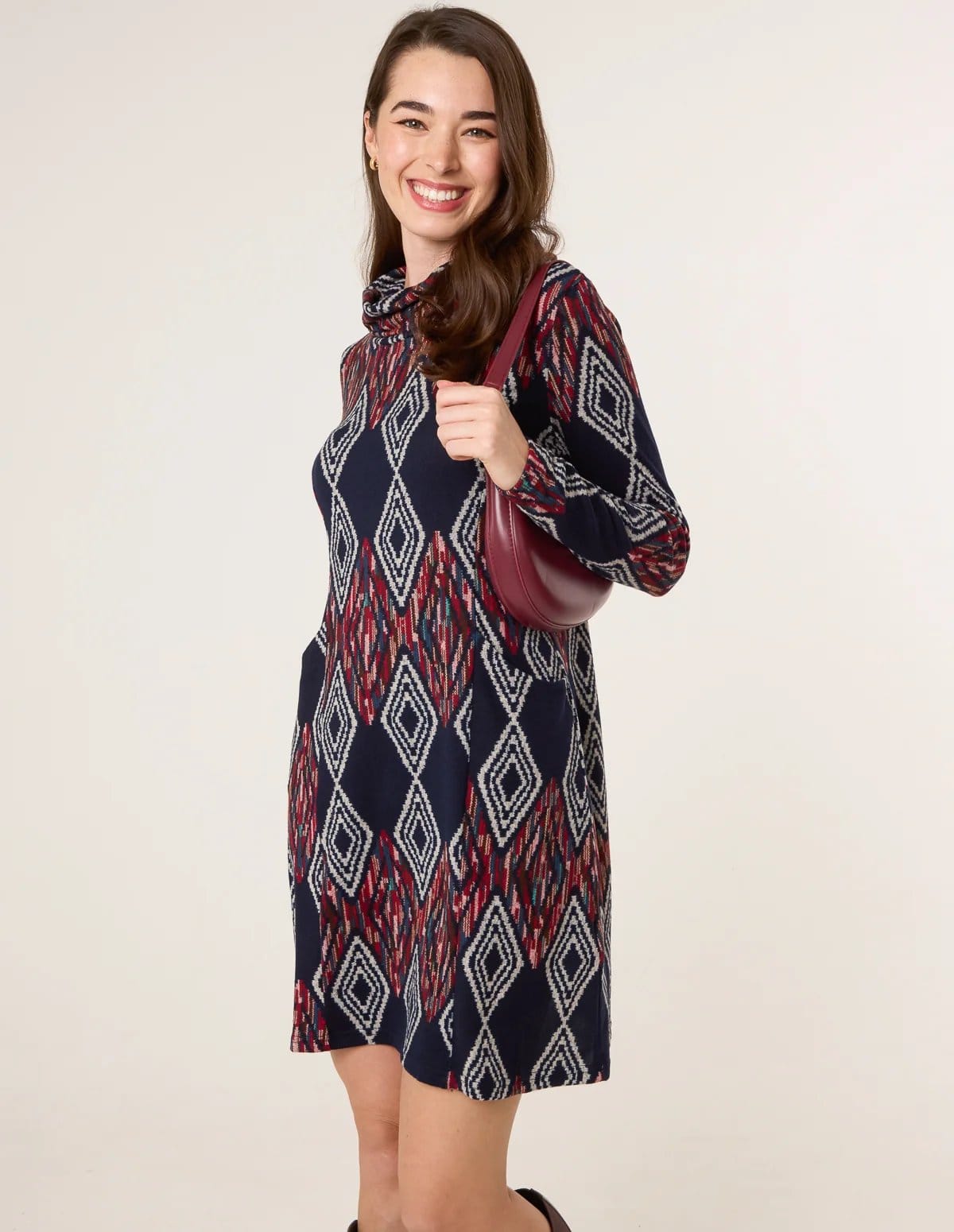 Blue Vanilla Printed Draped Cowl Neck Long Sleeve Dress