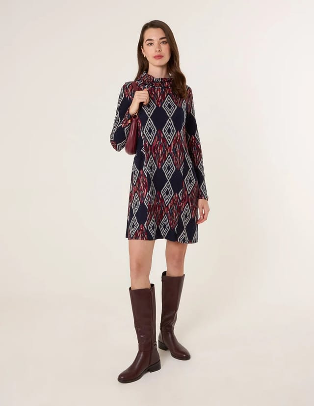 Blue Vanilla Printed Draped Cowl Neck Long Sleeve Dress - 2