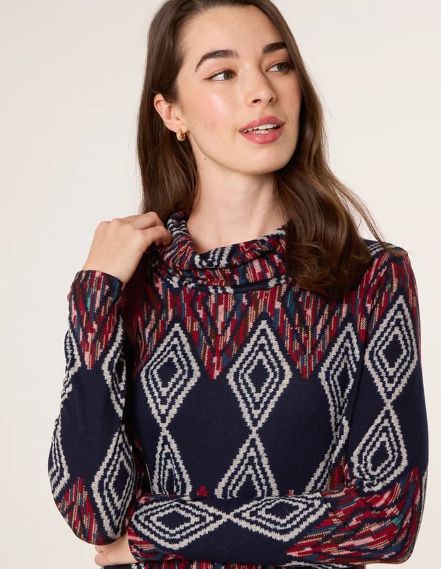 Blue Vanilla Printed Draped Cowl Neck Long Sleeve Dress - 3