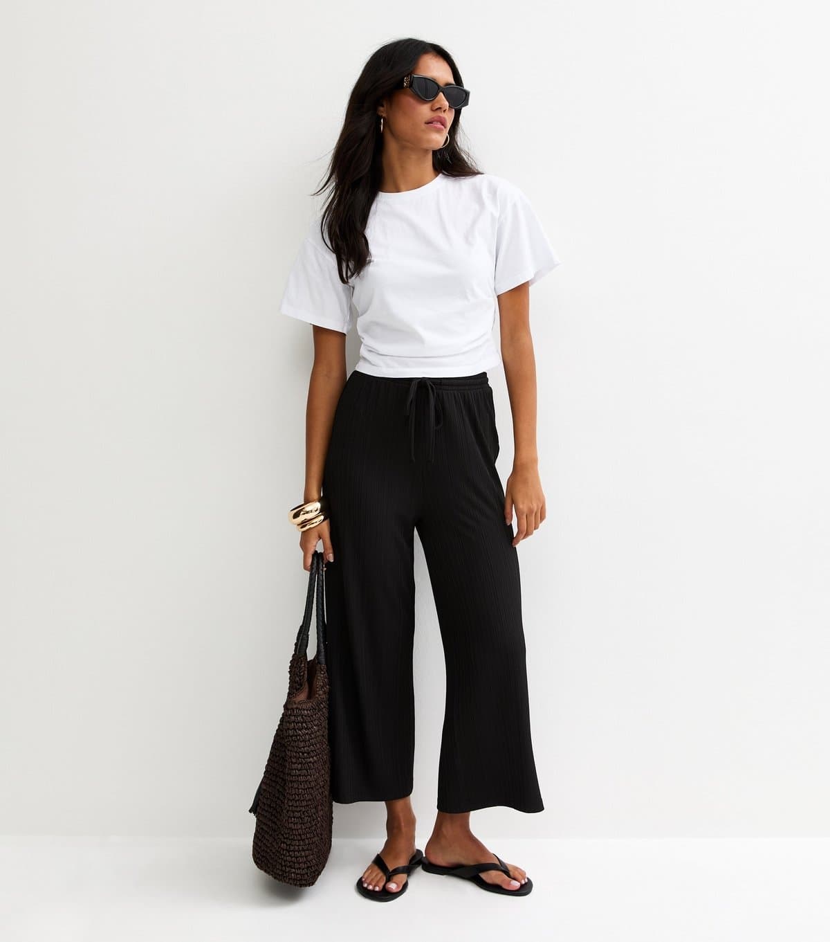 New Look New Look Black Ribbed Cropped Wide Leg Trousers