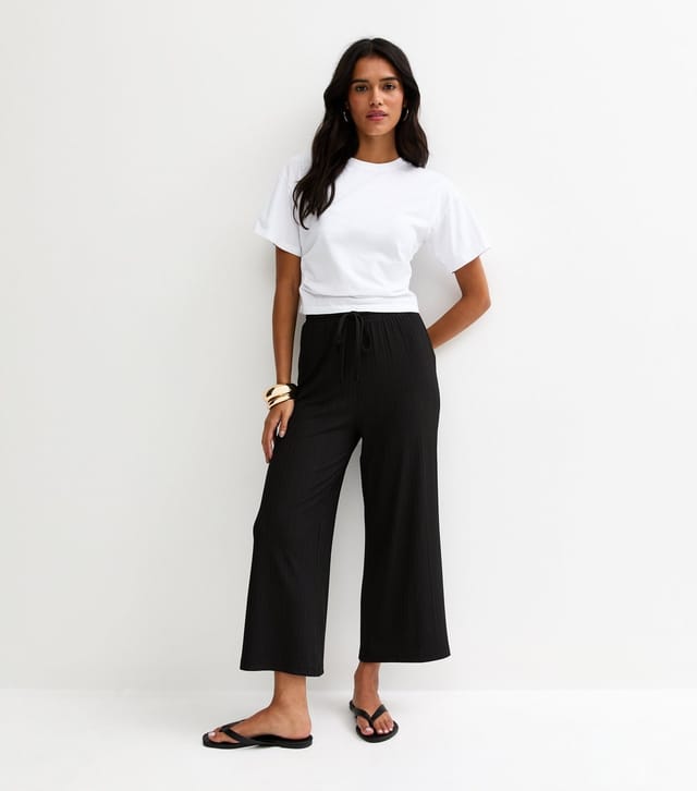 New Look Women's Black Ribbed Cropped Wide Leg Trousers New Look - 3