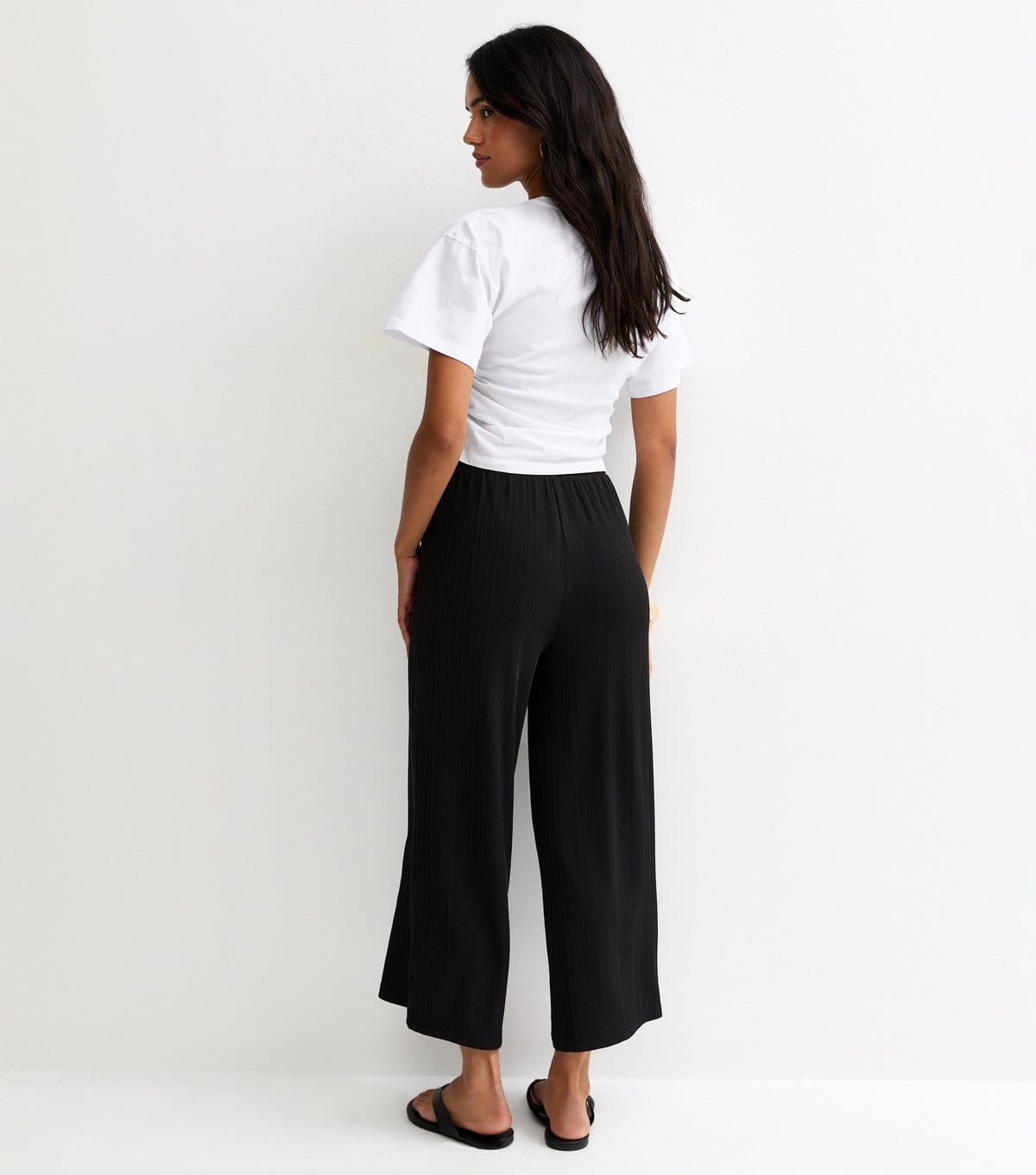 New Look Women's Black Ribbed Cropped Wide Leg Trousers New Look - 4