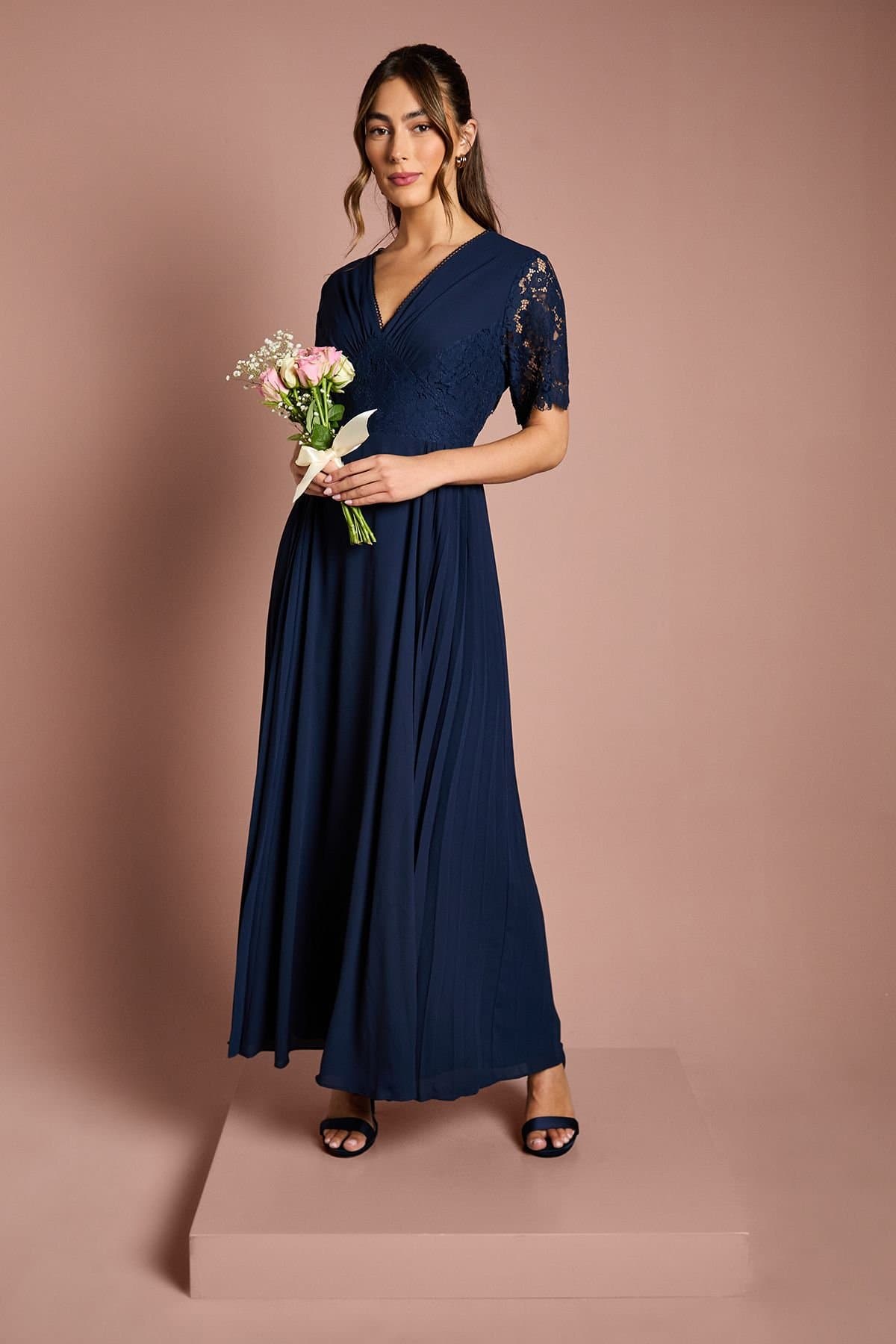 Coast Coast Women's Lace Sleeve V Neck Bridesmaid Dress in Navy