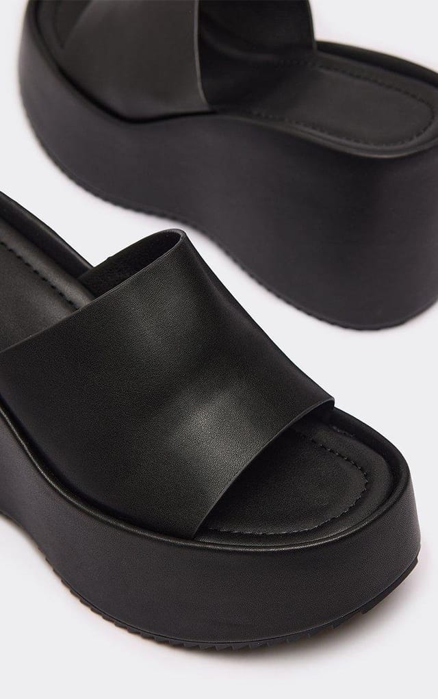 EGO Prime Peep Toe Platform Wedge Mule In Black Faux Leather, Women's Size UK 3 - 2