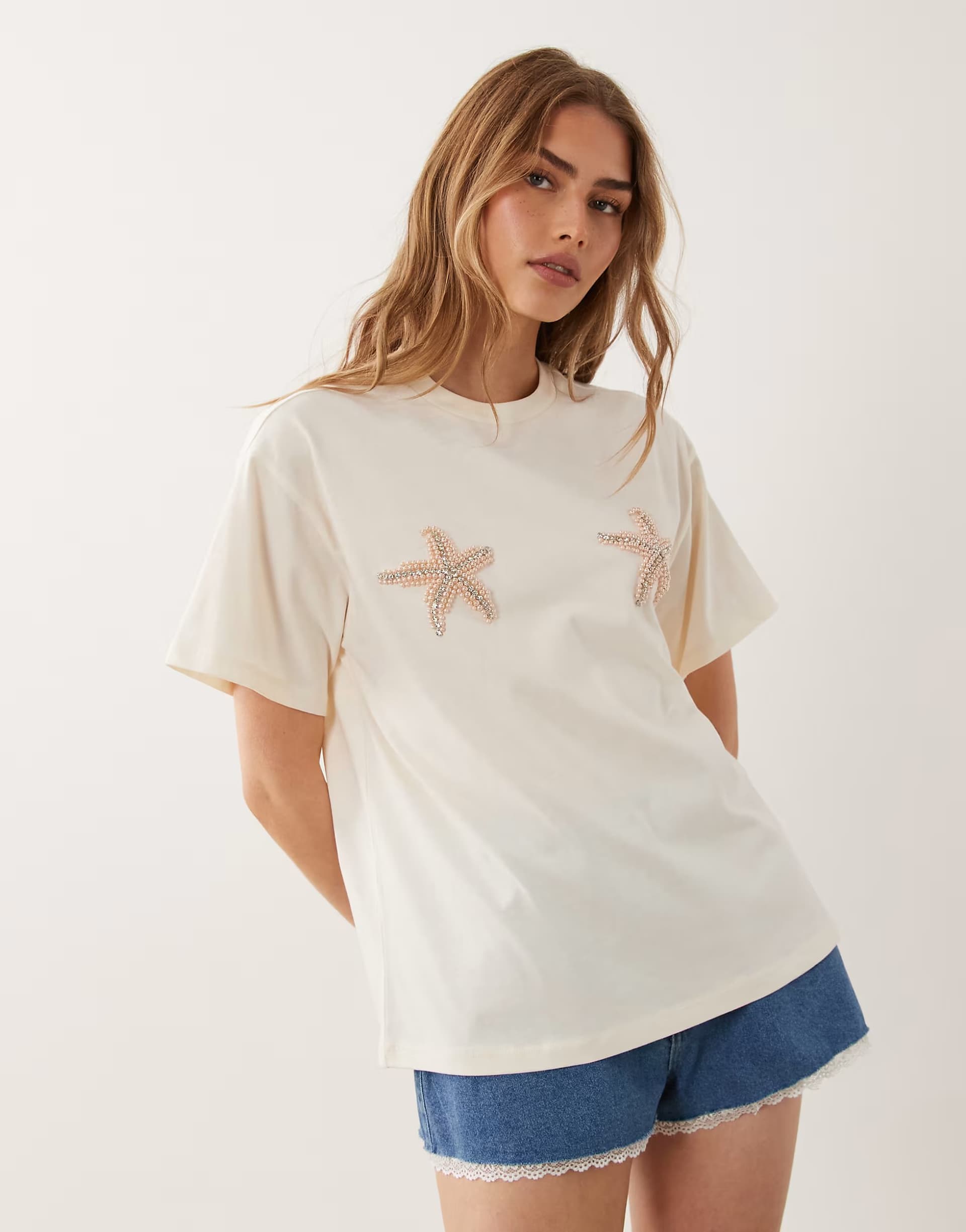 ASOS Miss Selfridge embellished boxy t-shirt with beaded starfish in cream