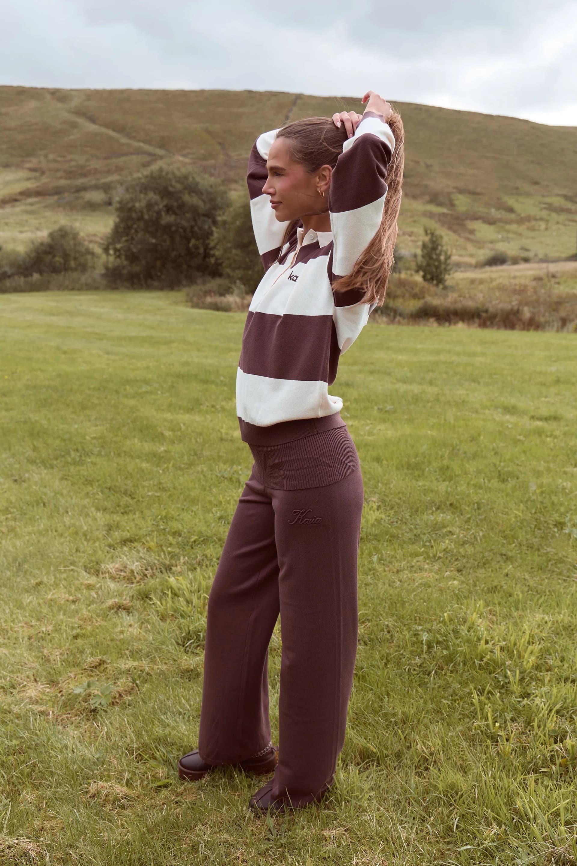 Kaiia Kaiia Lightweight Knit Foldover Wide Leg Trousers Chocolate
