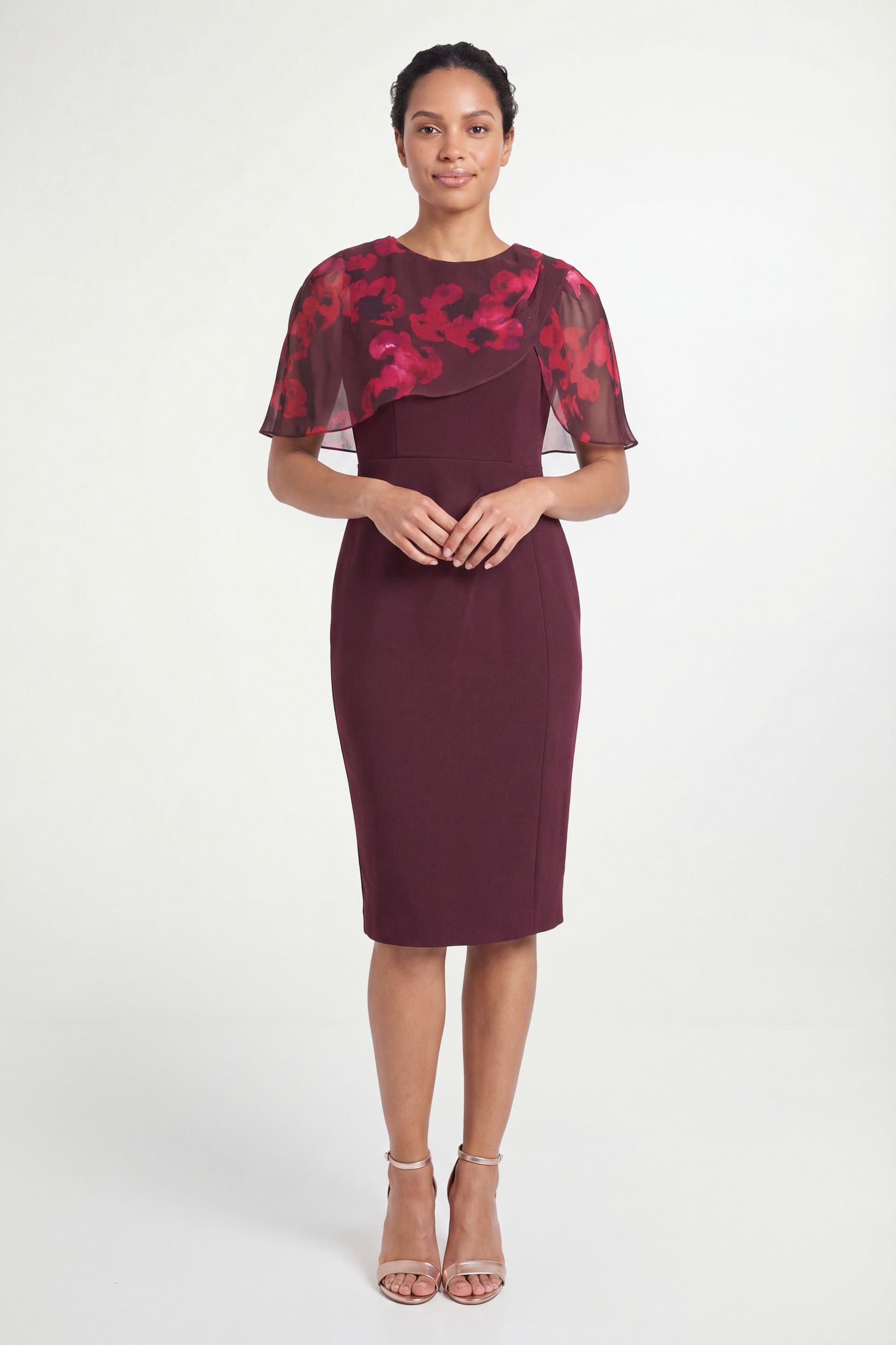 Wallis Wallis Women's Petite Floral Cape Detail Pencil Dress in Wine