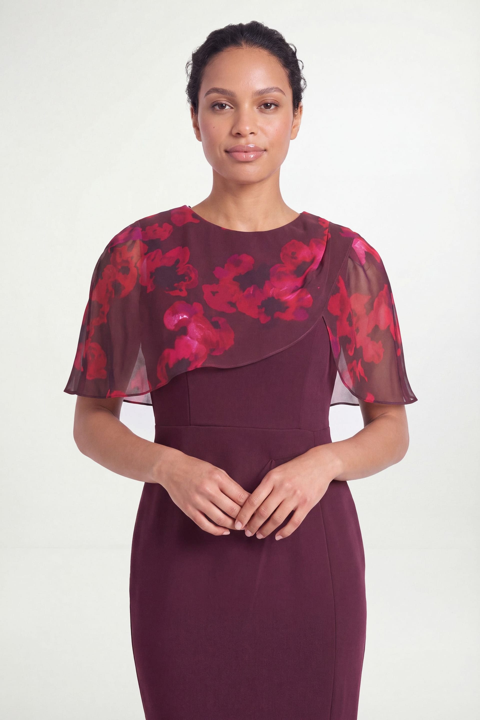 Wallis Wallis Women's Petite Floral Cape Detail Pencil Dress in Wine - 4