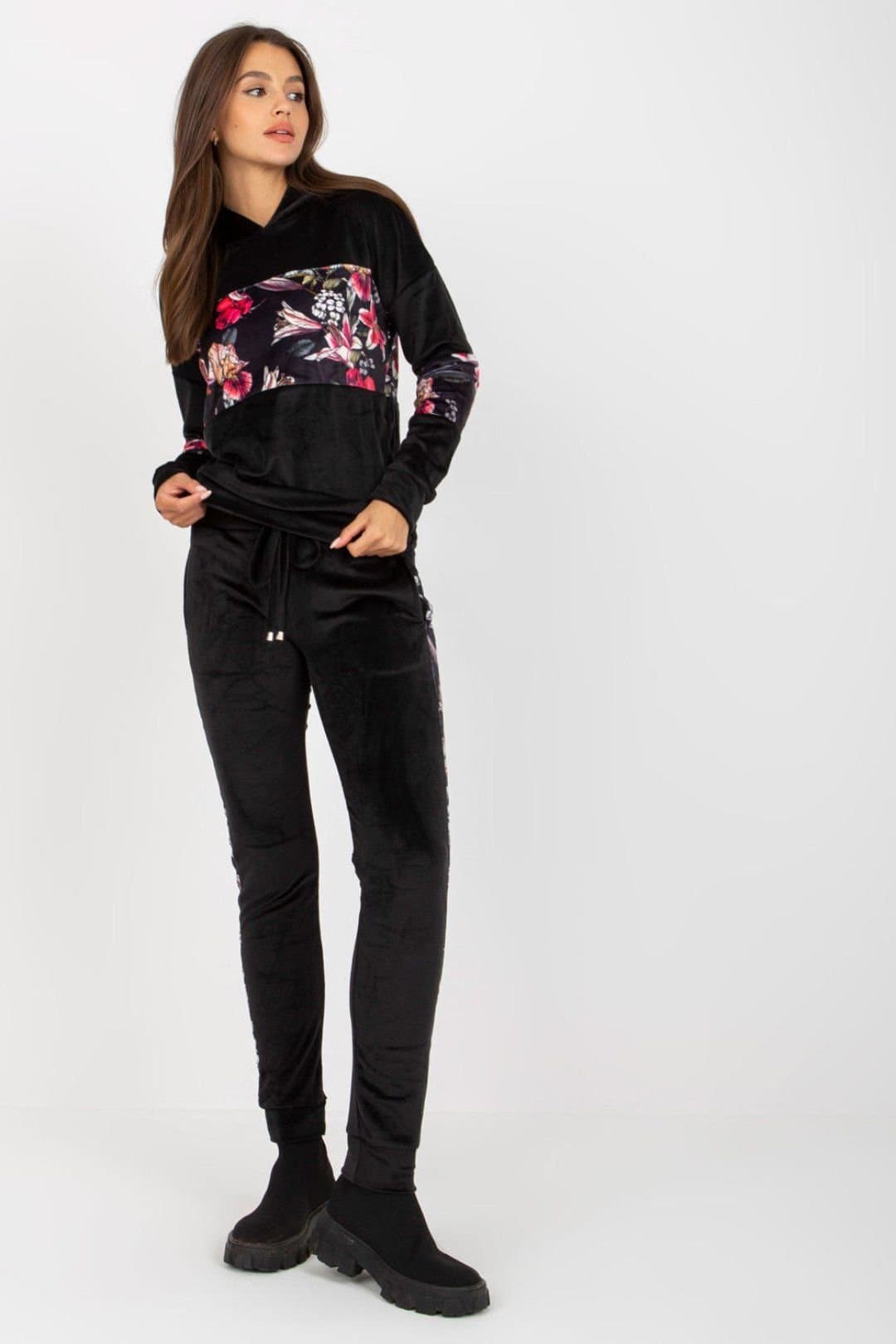 Love Lace Love Lace Women's Velour Hooded Sweatshirt Pants Set Floral Inserts in Black