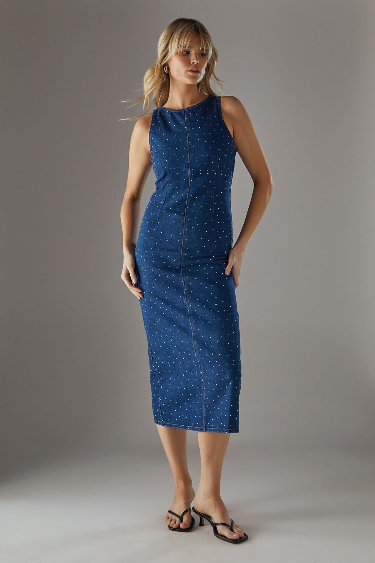 Warehouse Warehouse Women's Denim All Over Hot Fix Sleeveless Fitted Midi Dress in Dark Wash