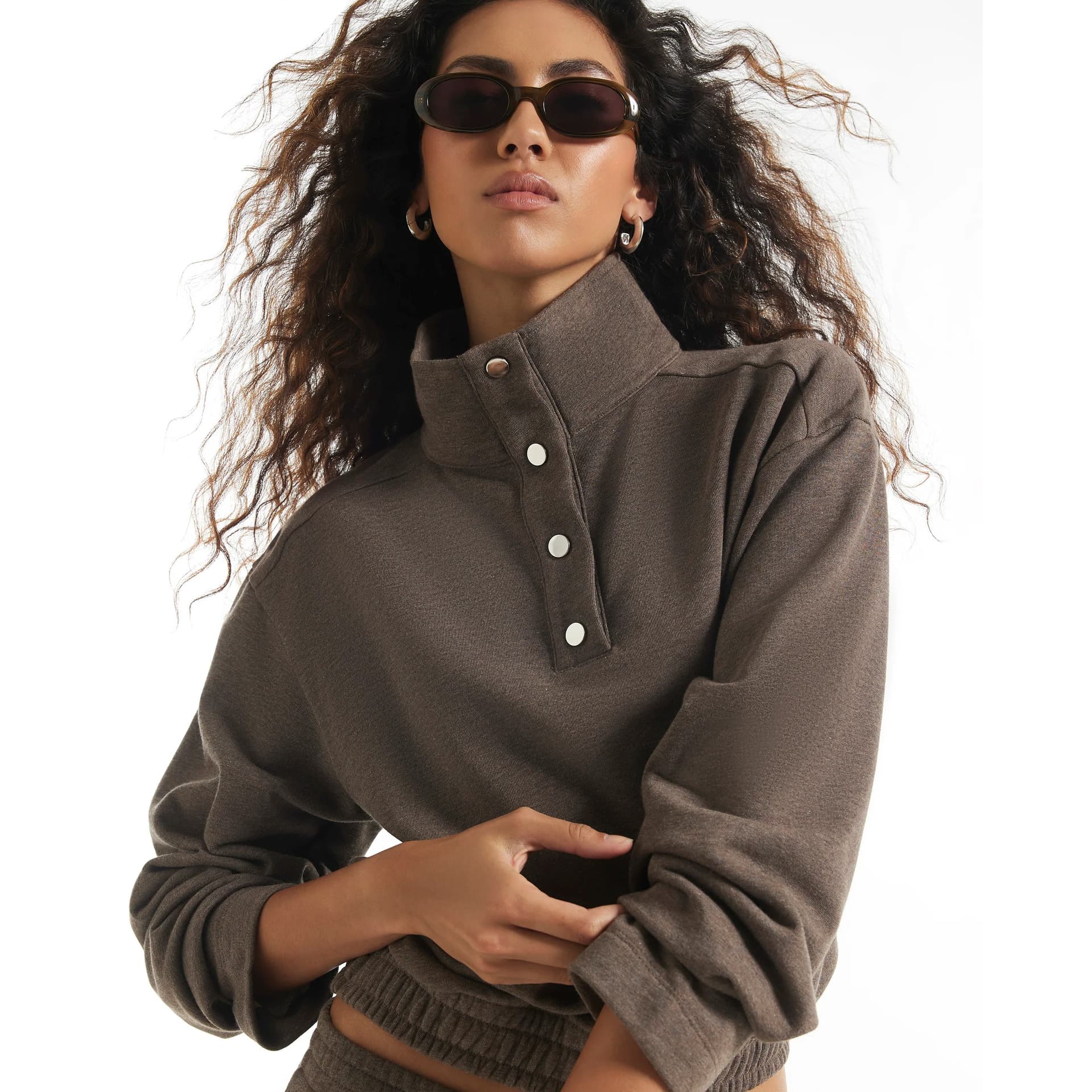 River Island River Island Womens Brown Popper Funnel Neck Sweatshirt