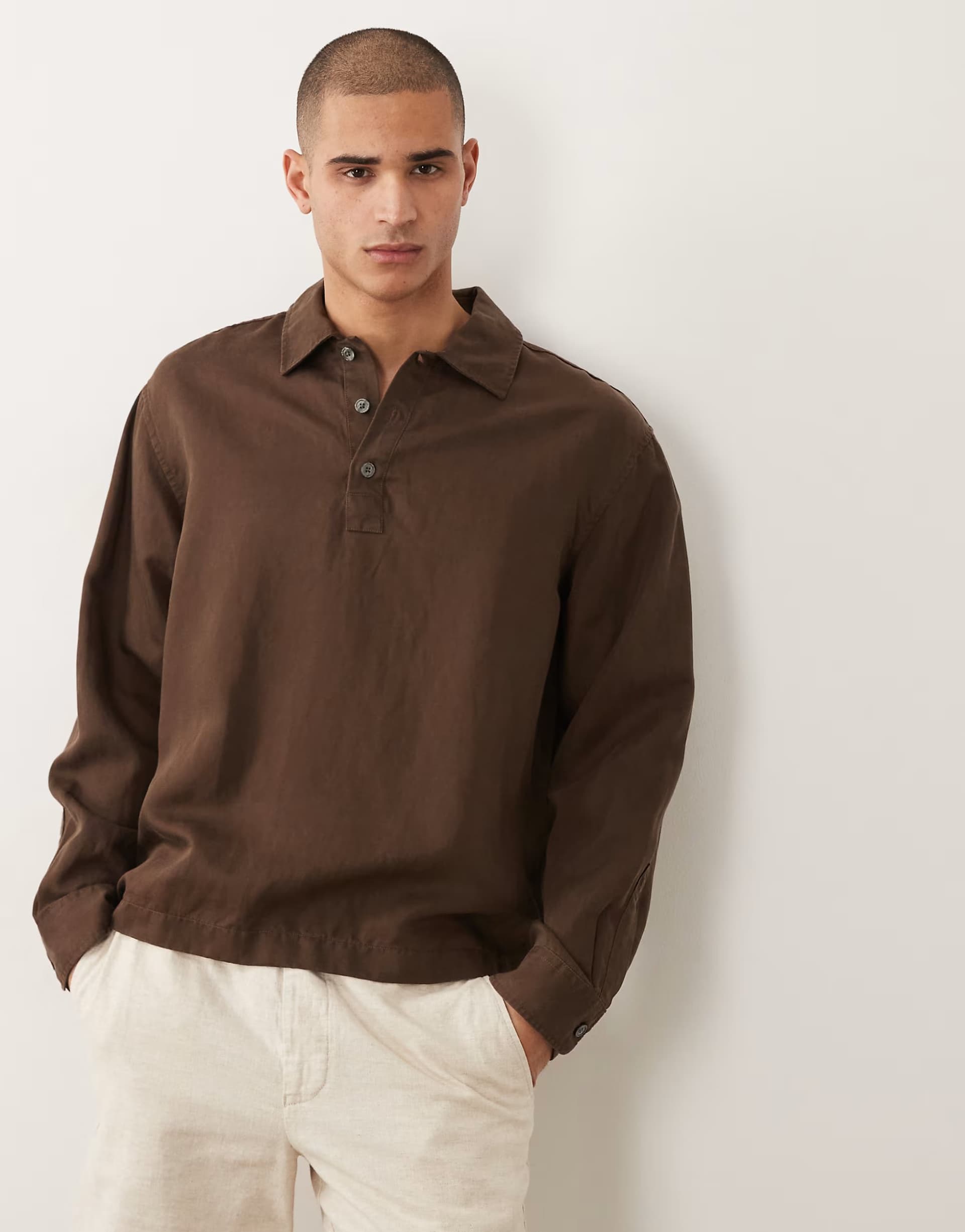 ASOS Selected linen blend long sleeve polo shirt in brown