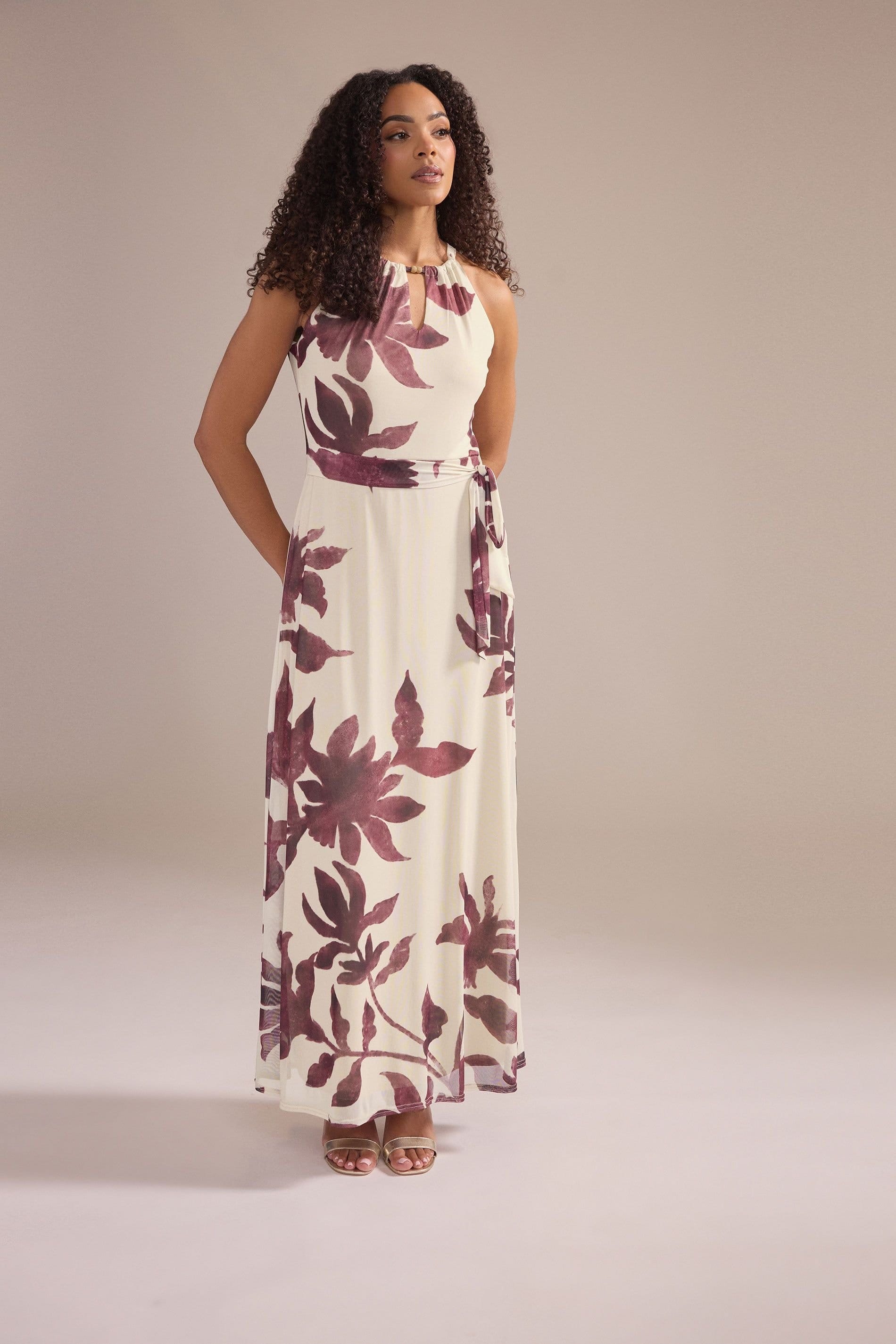 M&Co Cream Floral Print Halter Neck Maxi Dress