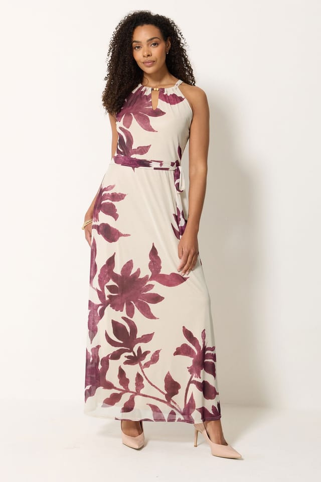 M&Co M&Co Women's Printed Halter Neck Mesh Maxi Dress in Cream - 3