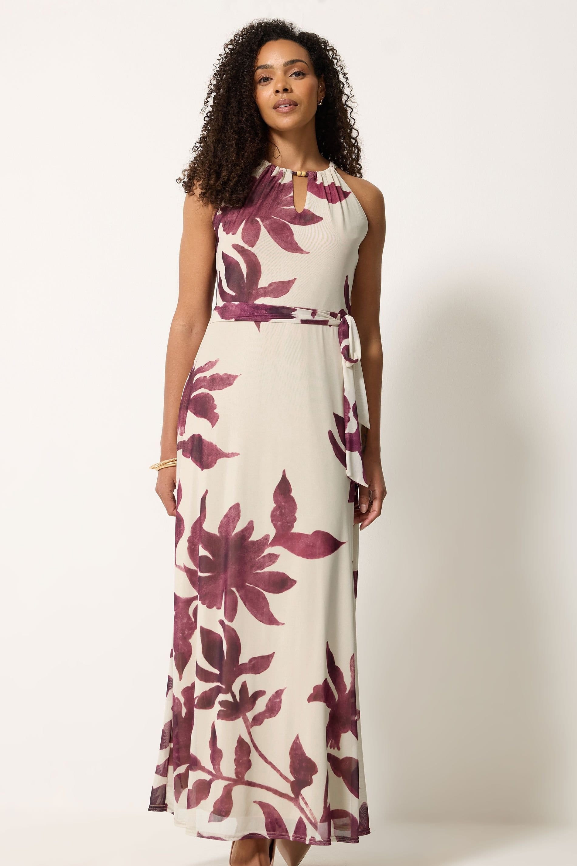 M&Co M&Co Women's Printed Halter Neck Mesh Maxi Dress in Cream - 4