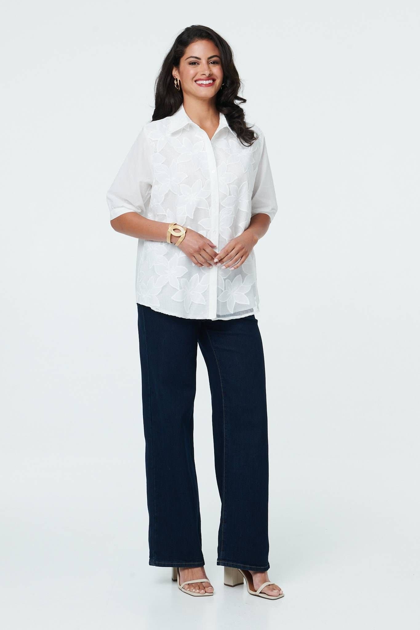 Izabel London Izabel London Women's Floral 1/2 Sleeve Embroidered Shirt in White