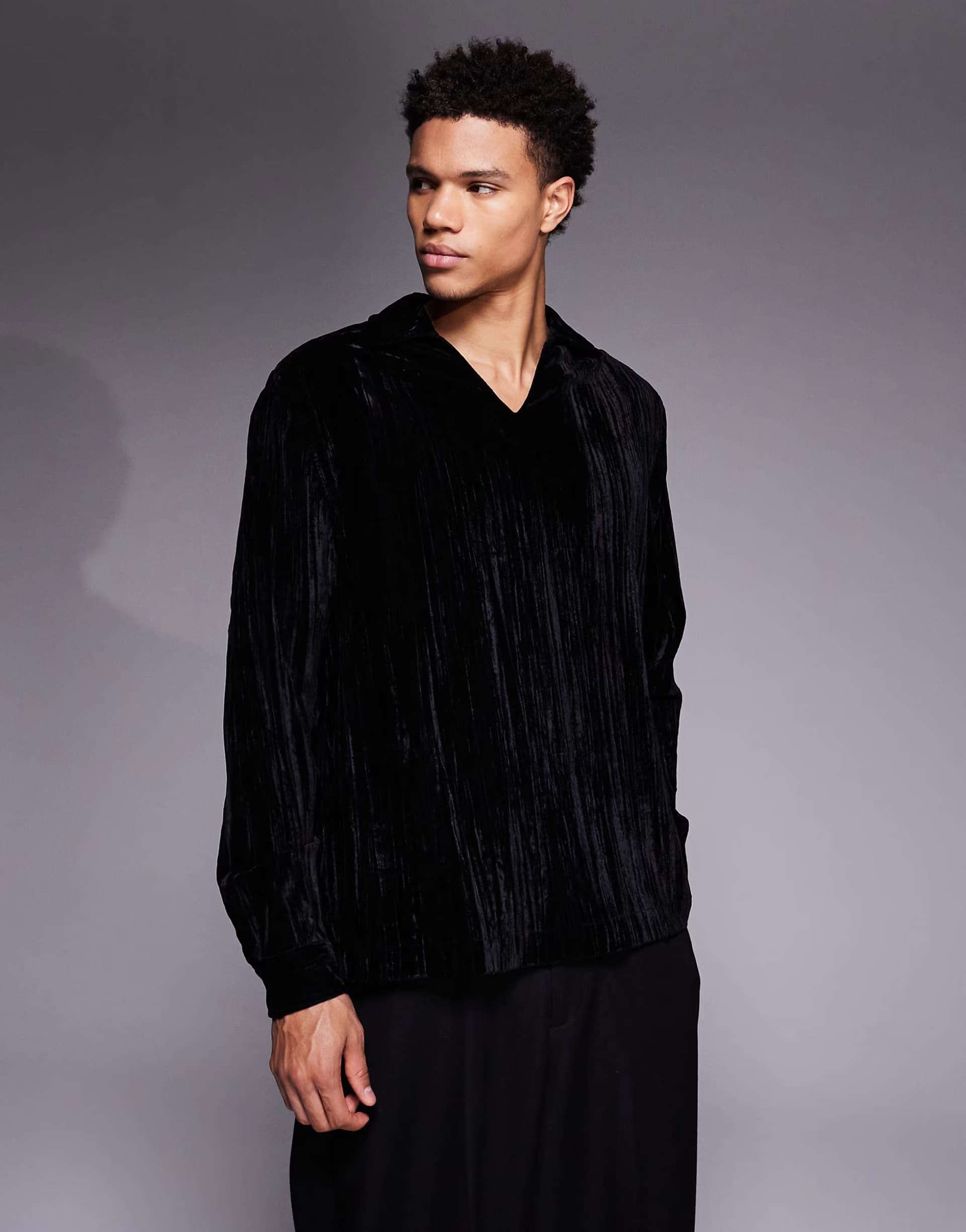 ASOS ASOS Black Crinkle Velvet Long-Sleeve Shirt
