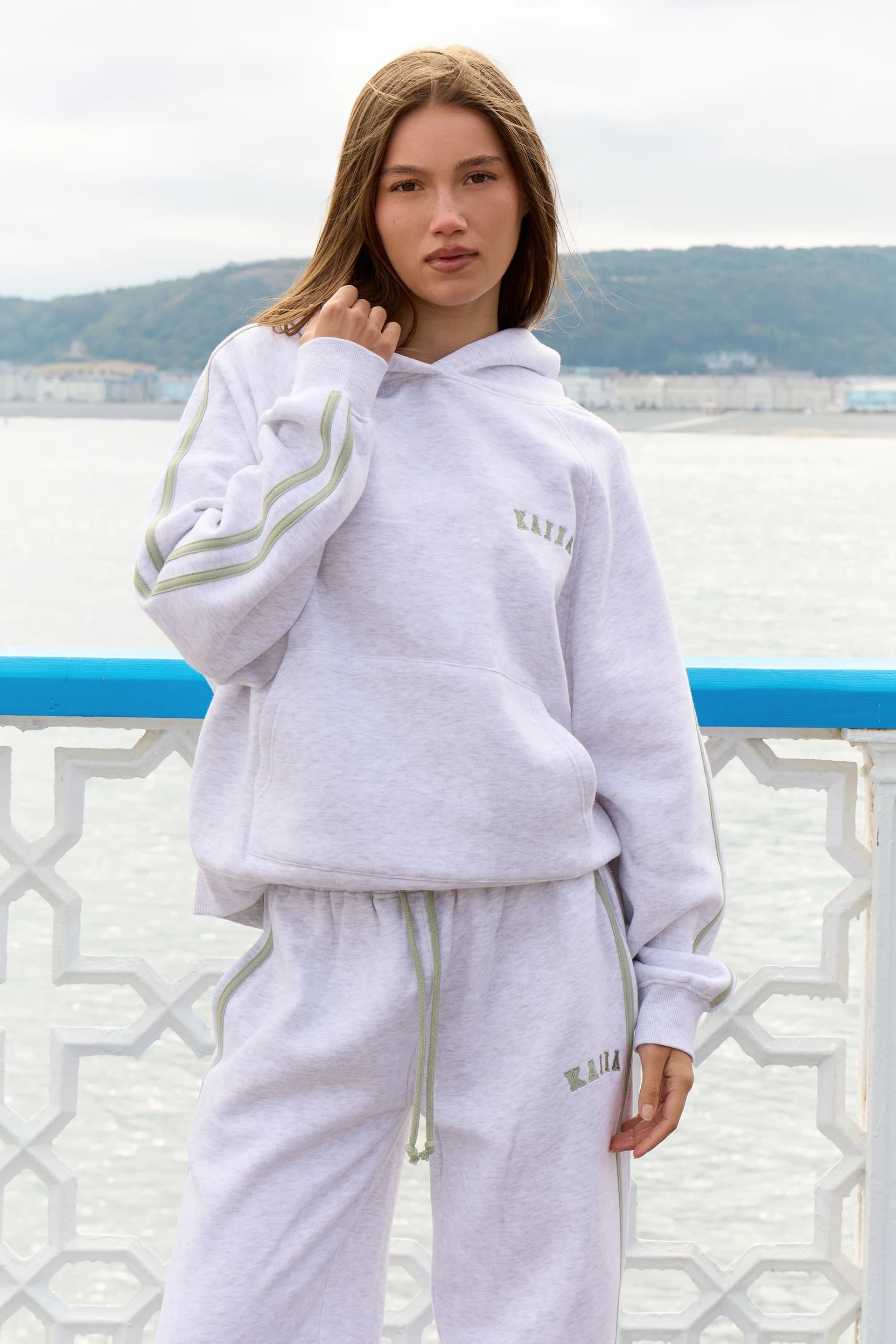Kaiia Kaiia Sport Side Stripe Oversized Hoodie Light Grey Marl & Soft Sage