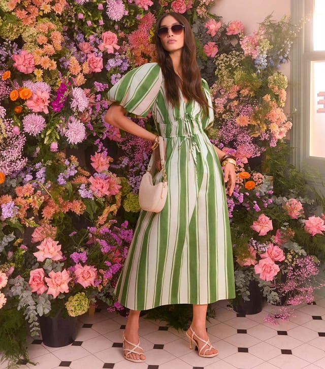 New Look Women's Green Striped Puff Sleeve Midi Dress New Look - 2