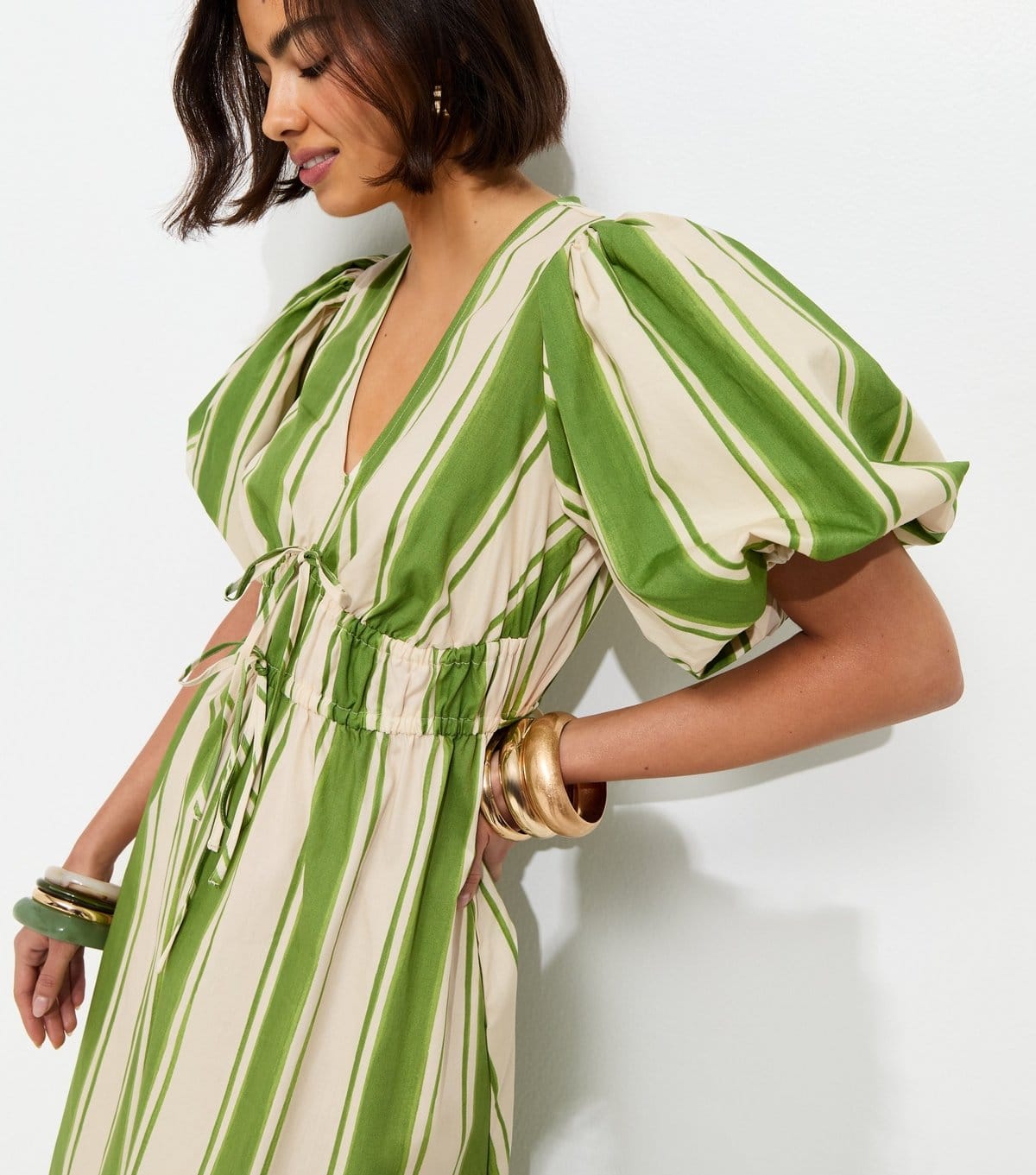New Look Women's Green Striped Puff Sleeve Midi Dress New Look - 4