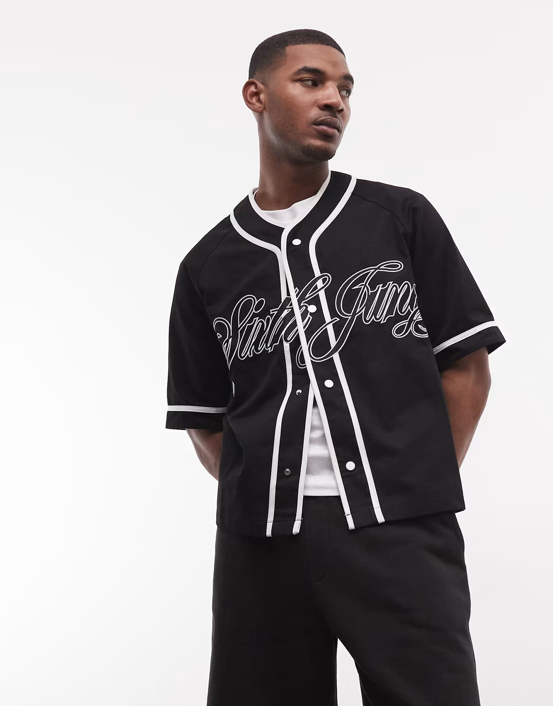 ASOS Sixth June baseballl serge shirt in black