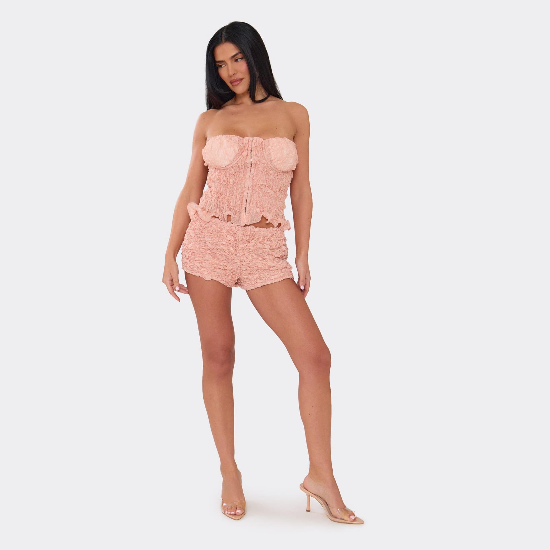 EGO Low Waisted Shorts In Coral Textured Woven, Women's Size UK 6