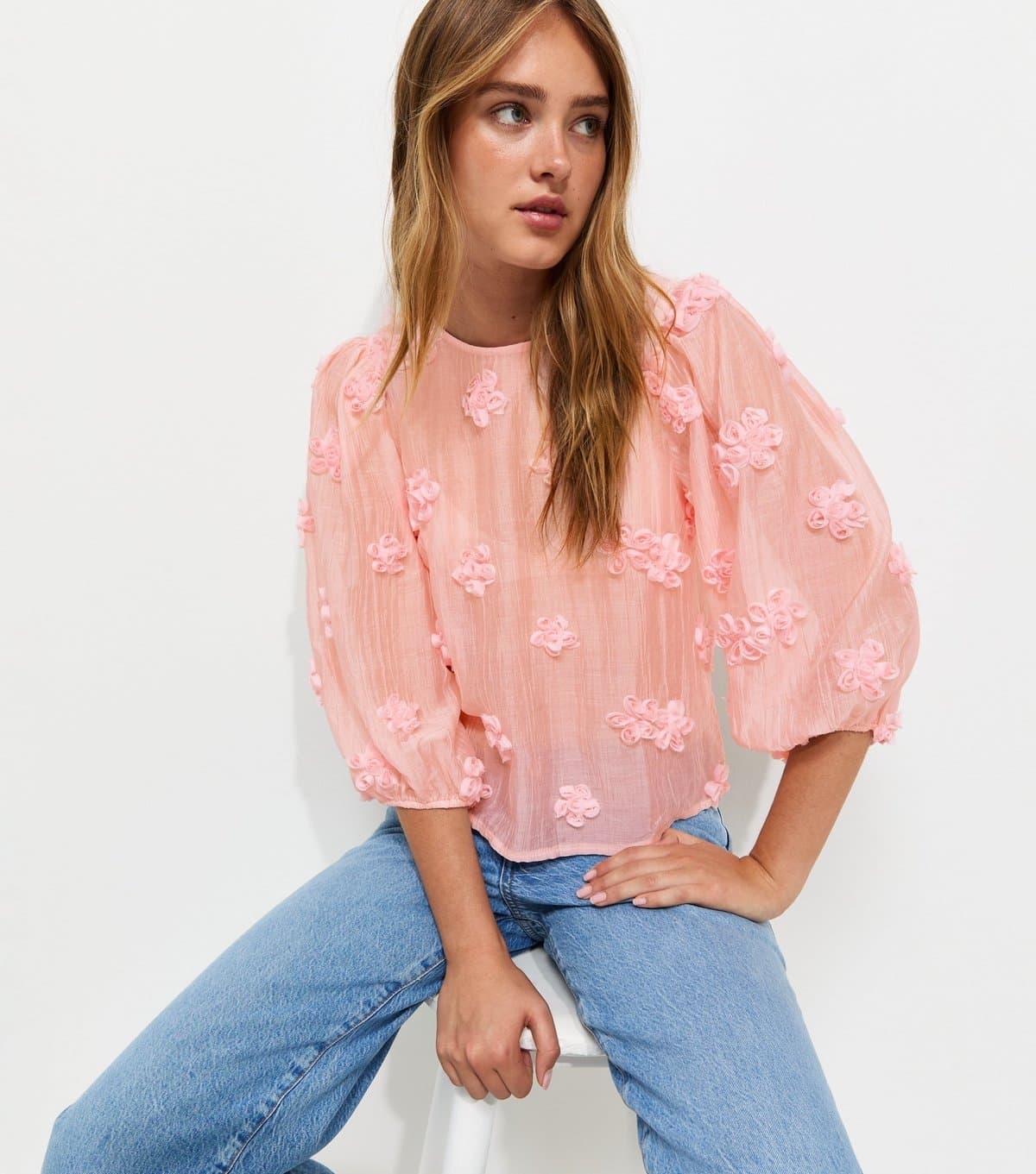 New Look Women's Pink Floral Appliqué Cropped Sleeve Smock Top New Look