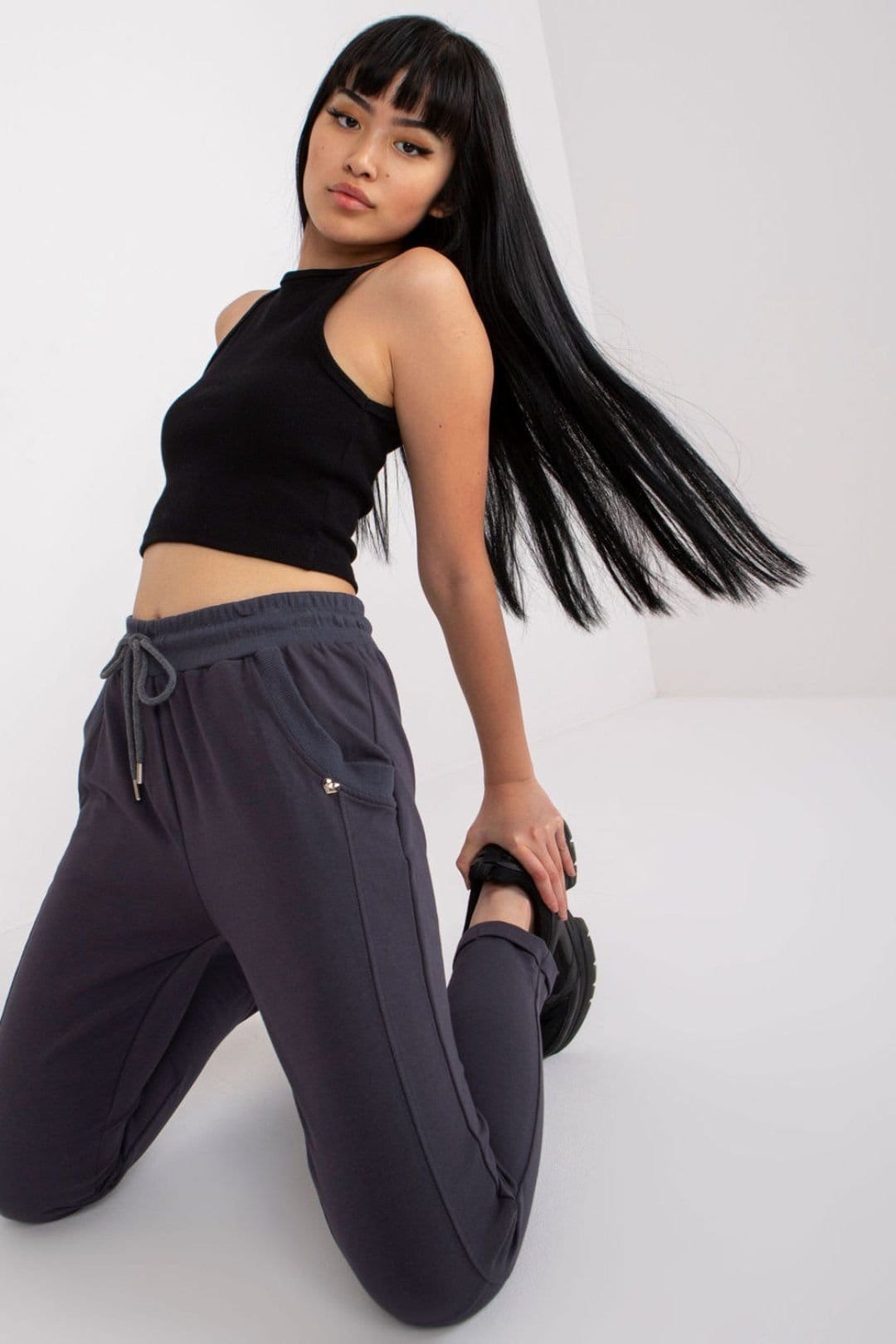 Love Lace Grey High Waist Sweatpants With Tie & Pockets