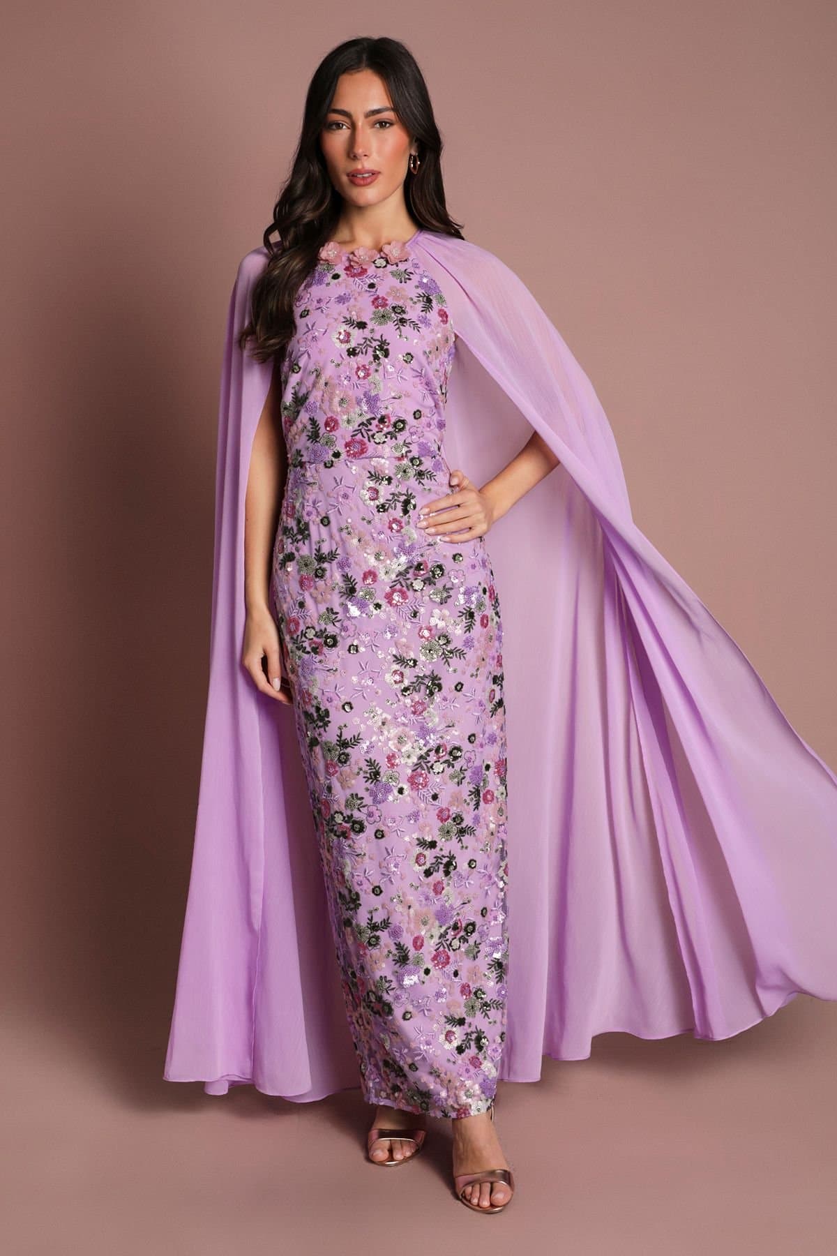 Coast Coast Women's Muse Embroidered Mesh Cape Maxi Dress in Purple