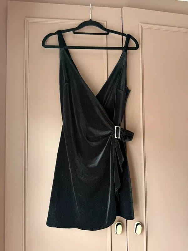 Bershka Velvet wrap mini dress with diamanté buckle