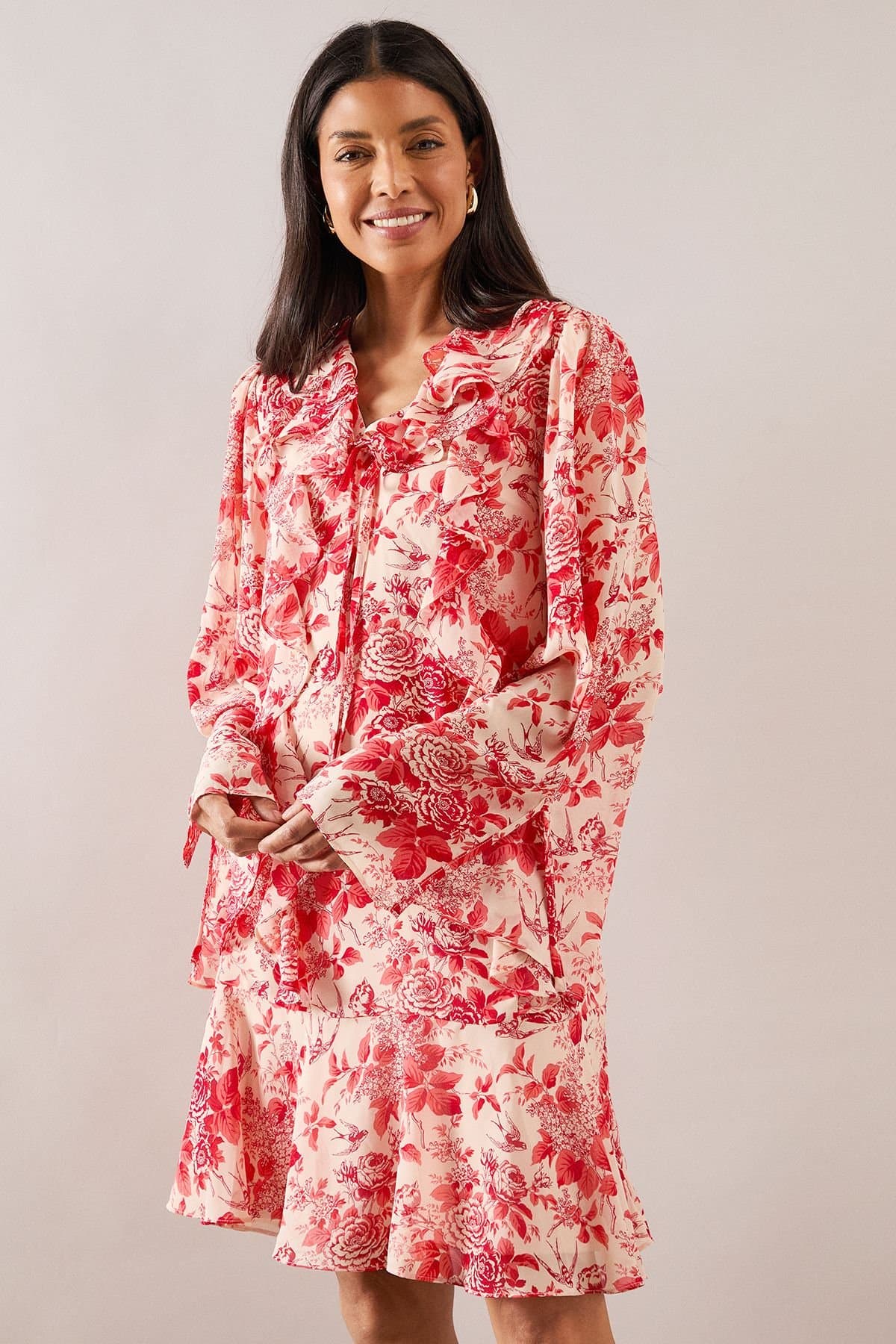 Wallis Wallis Women's Floral Ruffle Tie Detail Shift Dress in Red