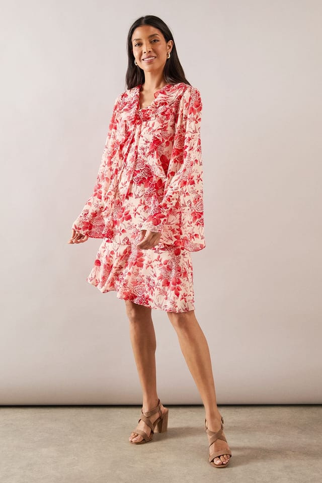 Wallis Wallis Women's Floral Ruffle Tie Detail Shift Dress in Red - 2