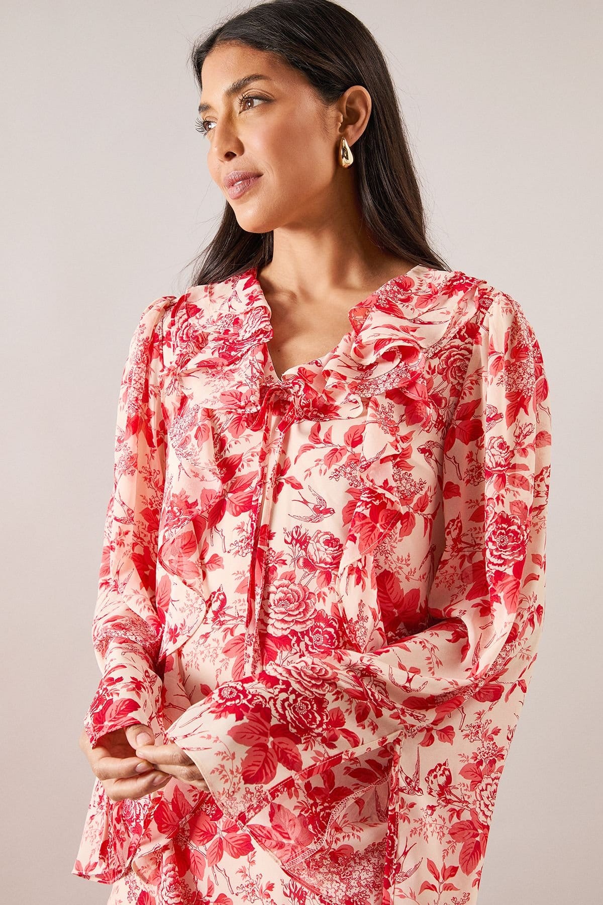 Wallis Wallis Women's Floral Ruffle Tie Detail Shift Dress in Red - 4