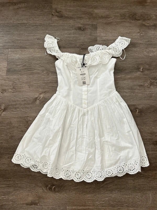 Bershka White Broderie Anglaise Mini Dress - Size XS